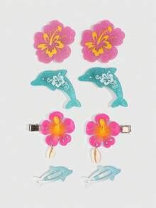 ROMWE Fairycore 8PCS Summer Tropical Flowers & Cute Dolphin Hair Clips, Hibiscus Hair Barrettes, Leisure Bangs Clips & Broken Hair Pins For Summer Vacation - Multicolor 5 - View 7