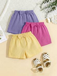 SHEIN LMoss Kids LMoss Young Girl's 3pcs Casual Summer Set: Woven Soft Dual-Layered Gauze Ruffle Shorts With Elastic Waist, Solid Color, Versatile And Breezy - Multicolor - View 2