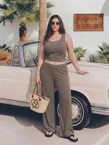 Solavibe Plus Size Women's Striped Colorblock Top And Pants Casual Daily 2 Pieces Set - Brown - View 2
