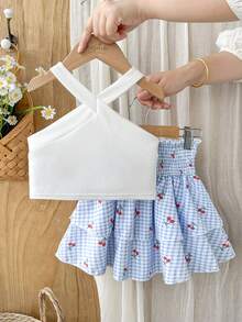 SHEIN Vintaside Kids 女童時尚休閒掛脖無袖修身素色背心搭配甜美時尚格紋數位印花蛋糕裙，適合旅遊、度假、海灘、家庭聚會及派對 - 藍白色 - 查看 4