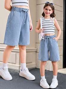 SHEIN Tween Girl Summer Casual Wide Leg Denim Shorts - Light Wash - View 7