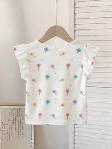 SHEIN 波西米亞碎花、溫柔紫色條紋、3D蝴蝶結圖案，年輕女孩休閒簡約百搭圓領短袖T恤 1件，適合春季 - 彩色 - 查看 2