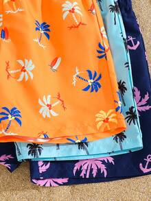 SHEIN 3pcs Kids Tween Boy Casual Sports Versatile Comfortable Coconut Tree Multi-Color Combination Print Pattern Loose Woven Swim Shorts Beach Shorts Multi-Pack 3 Styles 1 Each 3-Piece Set Suitable For Commuting School Daily Casual Vacation Travel Sports Spring Summer - Multicolor - View 4
