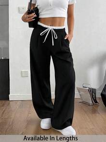 SHEIN PETITE CURVE 大码女式休闲撞色裤，女式春秋季休闲抽绳口袋阔腿黑色宽松长裤，休闲舒适抽绳腰阔腿裤 - 黑色 - 查看 7