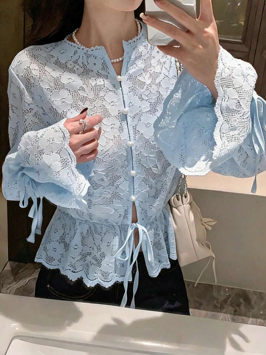 DAZY Women's Solid Color Lace Splice Drawstring Hem Ruffle Tie Elegant Vacation Blouse, Spring/Autumn - Blue - View 1