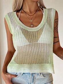 Livesso Women's Solid Color Hollow Out Casual Vacation Cover-Up Top Summer Beach Outfits - Green - View 3