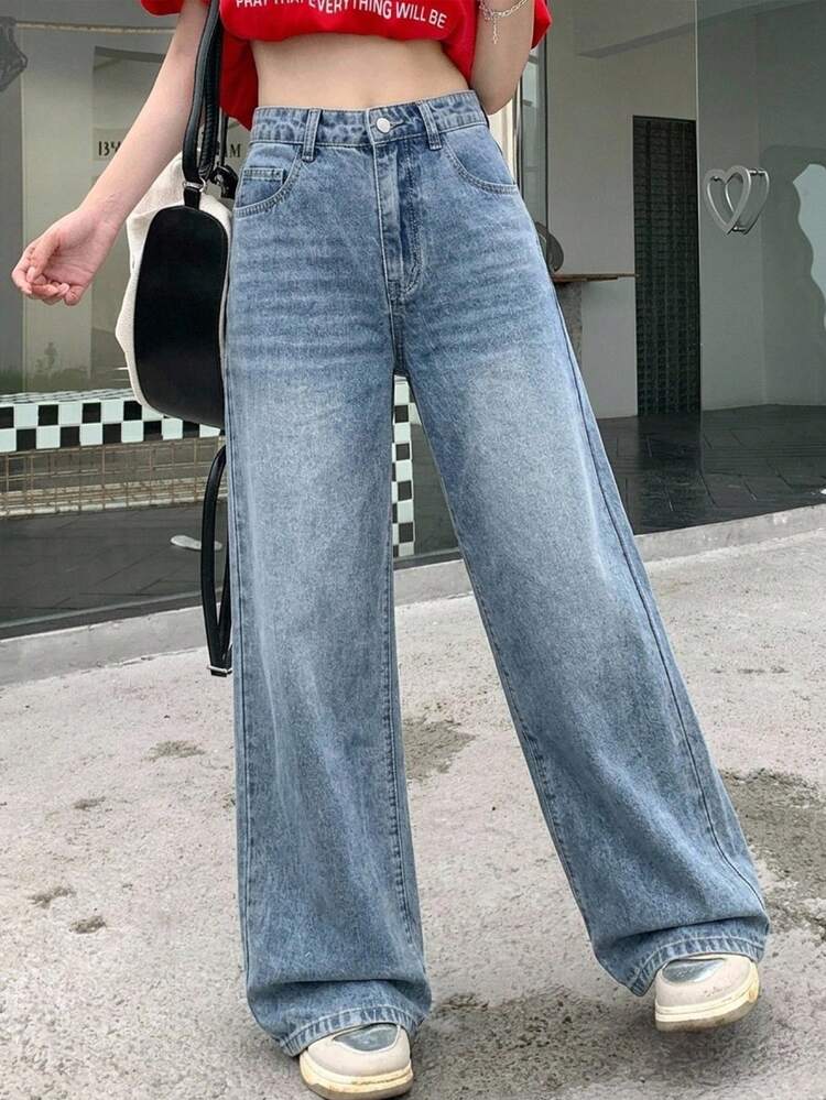 Women's Pocket Wide Leg Loose Casual Versatile Denim Jeans