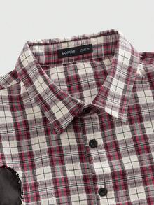 ROMWE MEN Street Life Camisa casual versátil de uso diario para hombre, a cuadros, con efecto desgastado y de un solo pecho - Burdeos - Ver 3