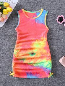 SHEIN Young Girl Fashionable Blue Summer Matching Family Vacation Pride Month Tie-Dye Dress,Sweet Pleated Design With 3D Bow,Cute School Party Outfit - Multicolor - View 3