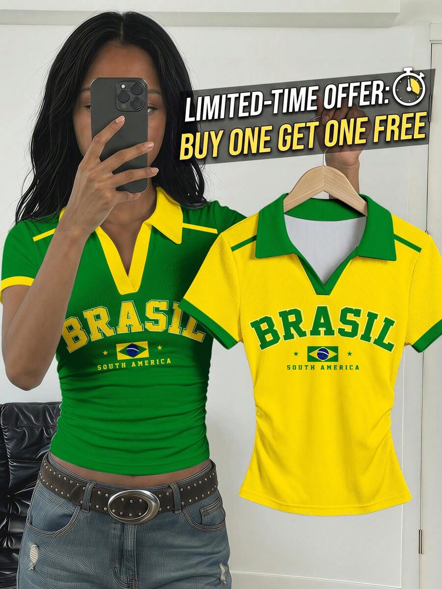 限時優惠:買一送一,復古時尚綠色字母BRAZIL、鮮豔陽光黃、金色星芒、黃金海岸、對比領條紋運動風,青少年女孩皇家藍白色領針織休閒對比色拼接修身腰部T恤上衣2件組 - 彩色 - 查看 1