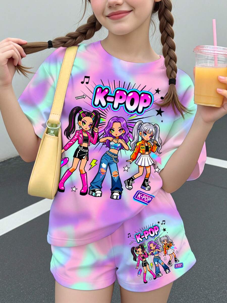 青少年女孩卡通女團K-Pop巨星短袖T恤與短褲2件組,適合夏季,可愛圖案,紮染 - 彩色 - 查看 1