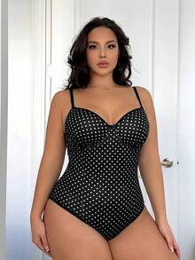SHEIN SXY 大尺碼女款圓點印花時尚百搭細肩帶連身泳衣 - 黑色 - 查看 4