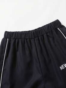 SHEIN 2件組青少年男款圓領休閒字母印花T恤與運動長褲套裝，適合日常通勤、休閒、街頭穿搭、街拍、運動 - 黑色 - 查看 5