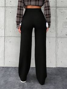 SHEIN PETITE Lässige einfarbige Weite-Bein-Hose für zierliche Frauen - Schwarz - Übersicht 2