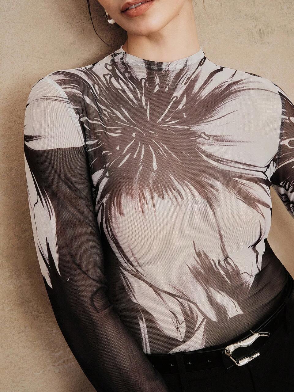 Elegant Elegant Slim Fit Mock Neck Black T-Shirt Women Long Sleeve Premium Vintage Print Mesh Undershirt Plus Size Top