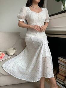 Feyla Women's Polka Dot Print Short Petal Sleeve Elegant Midi Dress - Pearl White - View 2
