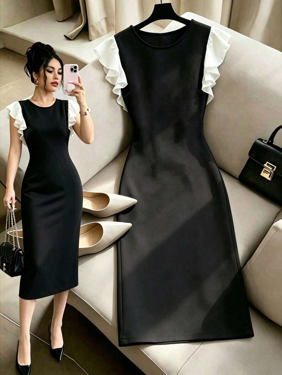 SHEIN Franclia 女款夏季新款通勤日常修身顯腰身緊身圓領荷葉袖拼色長洋裝 - 黑色 - 查看 1