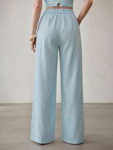 MOTF PREMIUM WOMEN'S RHOMBUS EMBROIDERED STRAIGHT LEG PANTS - Blue - View 2