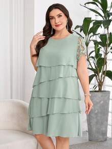 Reflora Đầm nữ size lớn màu xanh xám mùa hè thanh lịch cho khách mời đám cưới, cổ tròn, gấu xếp ly nhiều lớp, trang phục dạ hội sang trọng cho tiệc chính thức và lễ tốt nghiệp - màu xanh lá - Xem 6