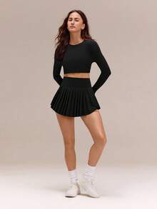 GLOWMODE Ace Flex Tummy Control Pleated Tennis Skirt With Built-In Shorts Side Pockets Tennis Golf Daily Spring  Spring Summer - Black - View 8