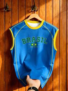 Manfinity Campus Court 復西足球背心，美國 BRASIL 10 印花無袖圖案背心，男士時尚運動上衣，夏季休閒運動上衣，足球，足球用品，假期 - 彩色 - 查看 5
