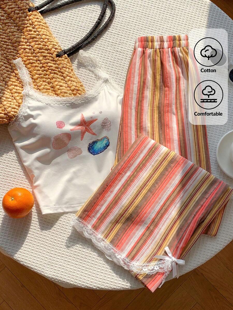 Comfortcana 女款休閒黃色蕾絲飾邊吊帶背心與條紋長褲2件套，返校季 - 彩色 - 查看 1