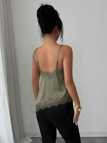 Rafferiza 女款優雅性感法式蕾絲時尚細肩帶背心上衣，適合夜晚外出與約會之夜，鼠尾草綠，夏季款 - 軍綠色 - 查看 2