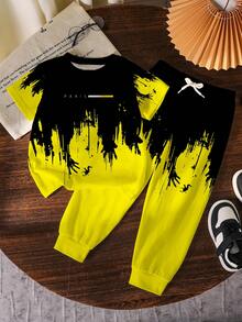 2pcs/Set Letter Print Pattern, Fashionable Versatile, Comfortable Black & Yellow Crew Neck T-Shirt & Long Pants Set For Boys, Short Sleeve & Long Pants, Ss26 , Squishy, Summer, Summer Clothes - Multicolor - View 2
