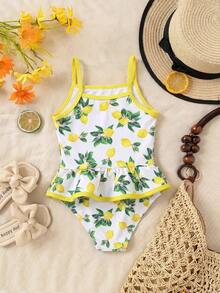 SHEIN Baby Girl Lemon Print Ruffle Strap One-Piece Swimsuit, Suitable For Beach Vacation, Pool Party, Beach Party - Pink - View 7