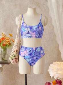 SHEIN 少女印花针织泳衣，适合游泳、海滩度假、沙滩和海水玩耍，优雅精致 - 紫色 - 查看 6