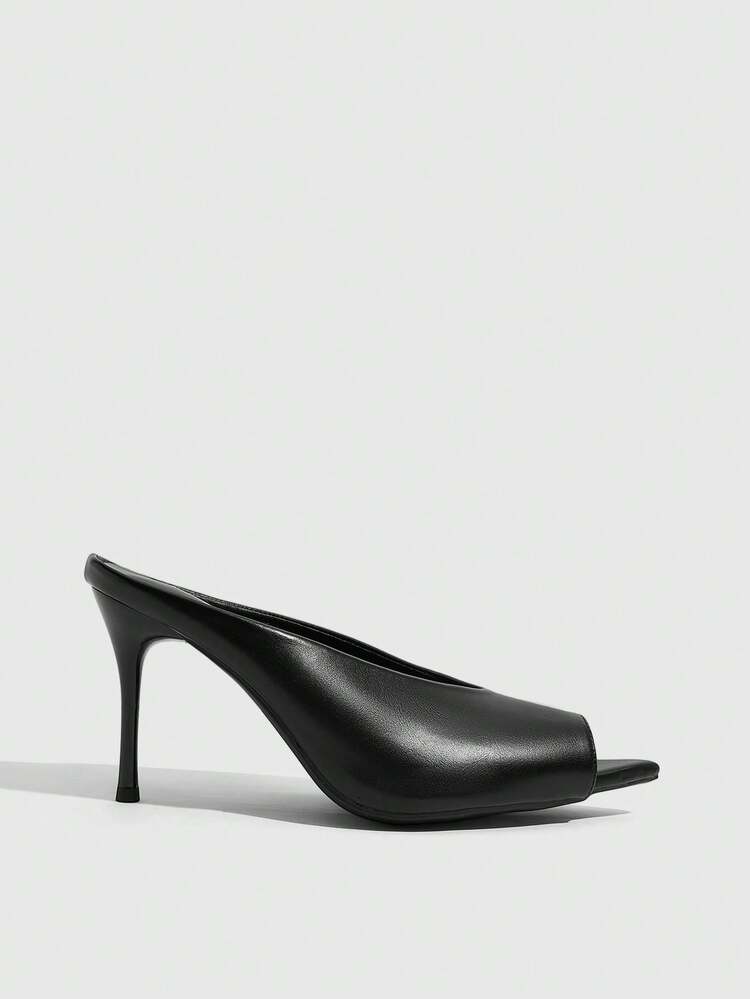 CUCCOO SZL Women Shoes Spring And Summer New Black Leather Peep Toe Stilettos Mules Shoes, Pointed Toe Low Vamp High Heel Sandals, Minimalist High Style, Daily Commuting Dating Shoes, Bar Dancing Banquet Dress Shoes, Cool Sa Temperament Versatile Outer Wear Women's Shoes