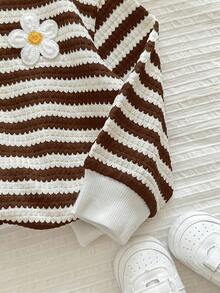 LMoss Kids Young Girl Knitted Striped Round Neck Loose Casual Sweatshirt - Coffee Brown - View 4