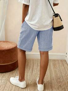 EMERY ROSE Women's Vertical Striped Drawstring Waist Wide Leg Bermuda Shorts - Blue - View 2