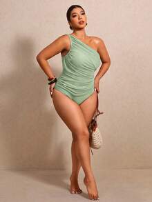 Elaquor Plus Size Women's Solid Color Ruched One Shoulder One-Piece Swimsuit, Suitable For Beach Vacation, Pool Party, Beach Party - Mint Green - View 5