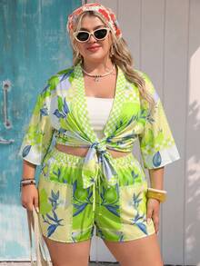 Vivid Eden Plus Size Women's Fruit Print Half Sleeve Top And Drawstring Waist Shorts Casual Vacation 2-Piece Set Green Summer - Green - View 5