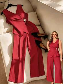 Franclia Plus Size Women Elegant Solid Color Lace-Up Tank Top Loose Pants 2-Piece Set Formal Red Summer - Red - View 1
