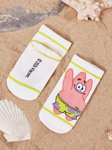 SpongeBob SquarePants | SHEIN 2雙兒童棉質柔軟透氣吸濕T-襪，可愛卡通圖案，加強腳趾與腳跟，耐穿，中性款，適合學校與戶外活動，冬夏皆宜，Patrick，絕佳禮物 - 白色 - 查看 4
