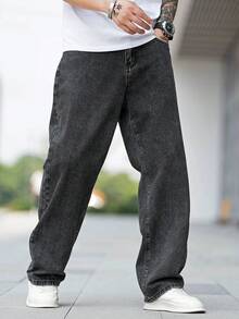 Manfinity Homme Loose Fit Men's Cotton Solid Color Slant Pocket Jeans - Dark Grey - View 7