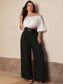 Juhart Plus Size Striped High Waist Belt Elegant Pants Fall - Black - View 4
