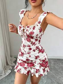 Vestido casual de con lunares, cintura con lazo y volantes - Rosa Fucsia - Ver 6