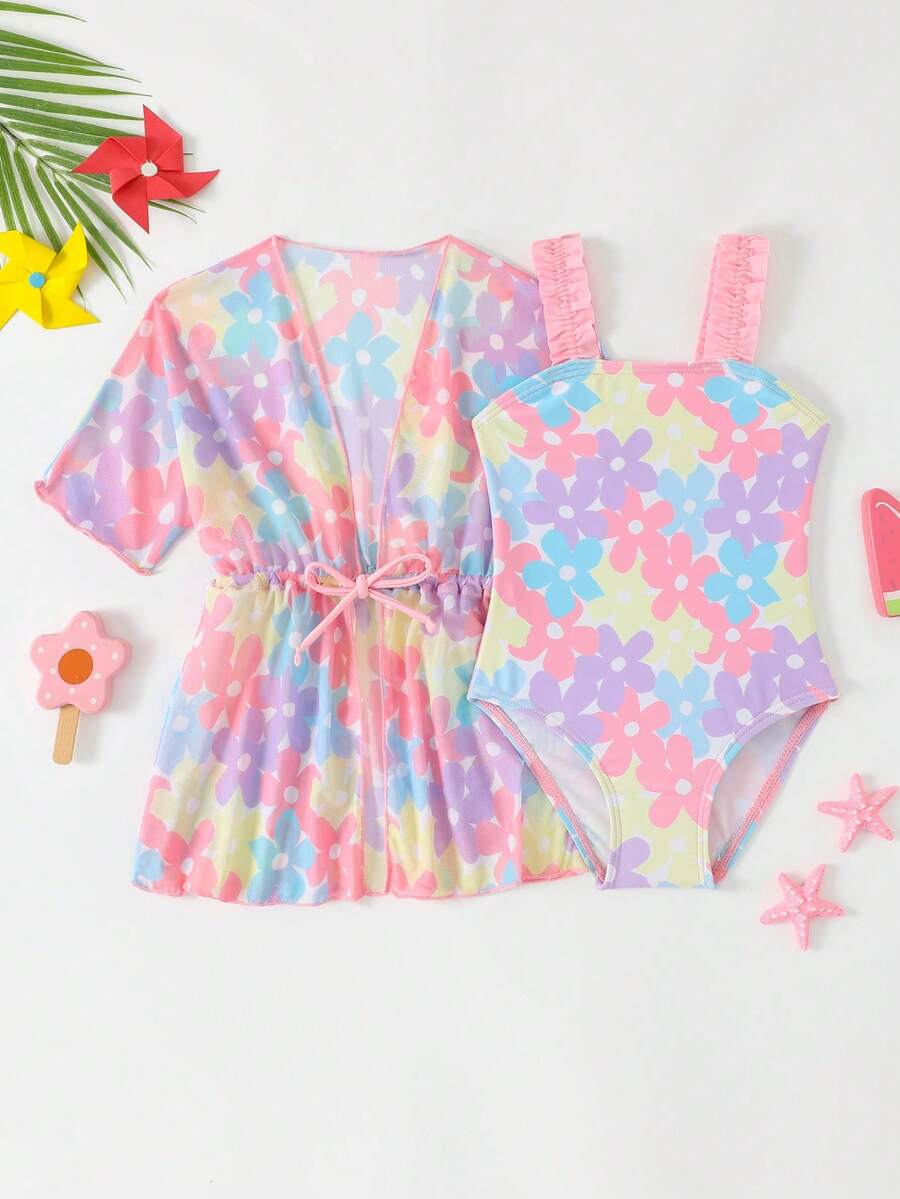 Set Baju Renang Terusan Bayi Perempuan Motif Bunga untuk Liburan, Termasuk Atasan Penutup dengan Tali Pengikat - MultiWarna - View 1
