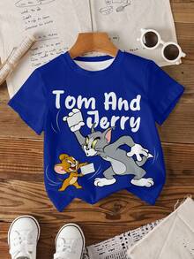 TOM & JERRY X SHEIN 小男孩卡通圖案印花圓領短袖T恤 - 白色 - 查看 3
