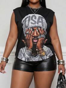 Slaydiva Women's Black And White Man Portrait Sleeveless Round Neck Loose Tank Top,Summer Casual Rave Independence Day Music Festival Y2K Style - Black - View 14