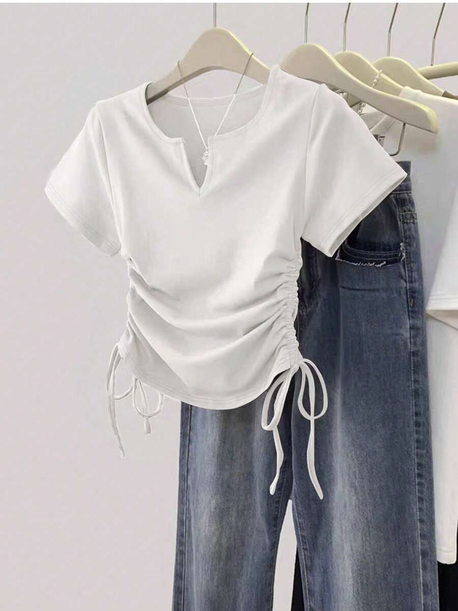 SHEIN Camiseta de manga corta con detalle de cordón en el escote en V, de unicolor, para verano - Blanco - Ver 1