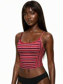 Rest Era Fashionable Slim-Fit Red Striped Knit Camisole Top, Spring/Summer - Red - View 3