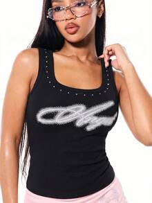 SUMWON WOMEN Angel Rhinestone Scoop Neck Crop Vest Top With Wing Back Embellishment And Script Front Detail - Black - View 4