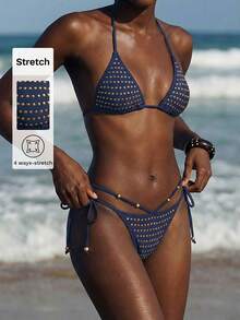 Maija Women's Vacation Beach Beaded Decor Bikini Set - Blue - View 1