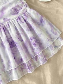 SHEIN Tween Girl Casual Elegant French Floral Ruffle 3D Flower Decor Ruched Asymmetrical Round Neck Sleeveless Fitted Short Dress, Sweet Dress, Spring Outing, Daily Street Wear - Mauve Purple - View 5