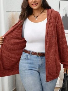 Rosumi Damen Große Größen Nebelblau Reißverschluss Fleece Gefüttert Lässig Kordelzug Leicht Strick Sport Reißverschluss Jacke Mit Taschen Und Kapuze - Rostbraun - Übersicht 7
