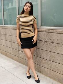 Andrea Bello Women's Striped Mock Neck Fitted Pullover Short Sleeve Casual Knit Top Summer - Apricot - View 4